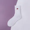 White mid-tube cotton socks featuring cute embroidered red cherries, comfortable and stylish. - 36-42 / White with Cherry Embroidery