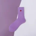 Purple cotton crew socks featuring a cute embroidered red cherry detail for women. - 36-42 / Purple with Cherry Embroidery