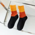 Women color block distressed slouch socks, orange and black mid calf cotton casual hosiery. - 36-40 / Thin Color Block Distressed Socks (Yellow & Black)