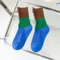 Women's color block mid-calf socks with distressed frayed side design, stylish cotton socks. - 36-40 / Thin Color Block Distressed Socks (Coffee & Blue)