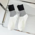 Women contrast color distressed mid-calf socks, black grey white stylish vintage fashion hosiery - 36-40 / Thin Color Block Distressed Socks (Black & Gray)