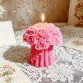 Pink rose bouquet scented candle, floral pillar design, romantic wedding gift decor. - Pink