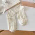 Women white short socks with cute hollow bow knit pattern and sweet ruffles for summer daily casual wear. - 35-40 / Heel Bow Detail / White