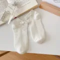 Women white short cotton socks with cute bow and hollow lace design, sweet casual style. - 35-40 / Side Bow / White
