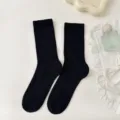 Women solid black mid-calf ribbed socks, breathable cotton blend comfortable daily wear hosiery. - One Size / Black