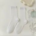 Women's white ribbed mid-calf socks, breathable mesh summer casual cotton daily wear solid color - One Size / White