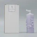 Lavender scented pillar candle featuring elegant embossed rose floral design and gift box. - Box Packaging / Purple