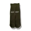 Close-up detail of military green crew socks with stylish letter print. Soft knit fabric. - One Size / Army Green