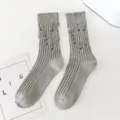 Grey distressed mid-tube socks for men and women, trendy streetwear daily cotton socks. - 36-43 / Coarse Knit Distressed Socks - Grey