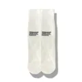 Detail shot of white ribbed mid-calf socks featuring black letter print and casual streetwear style. - One Size / White