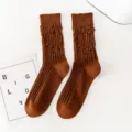 Brown distressed knit crew socks for women and men, stylish autumn winter cotton socks. - 36-43 / Coarse Knit Distressed Socks - Coffee