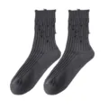 Distressed crew socks for women and men, dark grey ribbed knit vintage style streetwear. - 36-43 / Coarse Knit Distressed Socks - Dark Grey