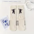 Beige crew socks featuring a cute dancing bear pattern, stylish streetwear design for couples. - 36-43 / WE Bear (White)