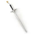 Detailed view of silver sword hair stick with black handle and amber teardrop gemstone pendant. - Silver + Green