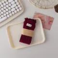 Burgundy ruffled knit mid-tube socks with paper band and brand label, cute autumn style. - 36-42 / Dark Purple