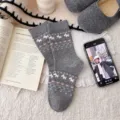 Retro fair isle women mid tube socks cute cartoon pony grey knit hosiery daily wear - One Size / Fair Isle Pony - Grey
