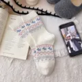 Retro vintage style women mid-calf socks with cute pony and heart knit patterns cozy daily wear - One Size / Fair Isle Pony - Cream