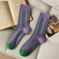 Retro color-block vertical striped mid-tube socks, stylish autumn winter casual socks. - 36-42 / Purple and Green