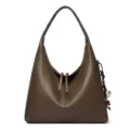 Brown leather hobo shoulder bag for women, slouchy tote handbag with chic side charm and zipper. - Gray