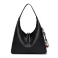 Classic black leather hobo shoulder bag, elegant commuting tote bag with stylish charm. - Black