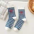 Blue and white grid mid-calf cotton socks for women, featuring cute red bow knit pattern. - 36-41 / Bow Plaid - Blue