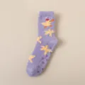 Purple fluffy fleece winter socks with cute duck pattern and anti-slip silicone soles. - One Size / Star