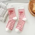 Pink and white checkered cotton mid-calf socks featuring a cute red bow design for women. - 36-41 / Bowknot Plaid - Pink