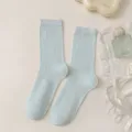 Solid blue breathable mesh mid-calf socks for women, spring summer vertical striped design. - One Size / Light Blue