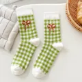 Green plaid mid-tube socks with cute red bow, comfortable cotton casual socks for daily wear. - 36-41 / Bowknot Plaid - Green