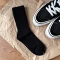 Japanese style casual solid color black ribbed crew socks for men and women retro daily wear - One Size / Black