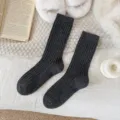 Dark grey speckled ribbed wool mid-calf socks for women, thick fleece warm winter daily wear. - 36-40 / Wool Fleck Yarn - Dark Grey