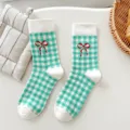 Cute green plaid mid-calf socks with red bow design, comfortable cotton casual wear for women. - 36-41 / Bowknot Plaid - Mint Green