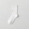 White ribbed mid-tube cotton socks with chic yellow embroidery, comfortable spring and summer wear. - One Size / Double-Needle Bow Embroidery - White