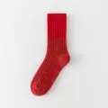Red mid-tube knit socks, classic ribbed cuff with stylish color-blocked snowflake texture design. - One Size / Red