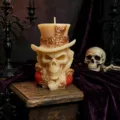 Gothic skull scented candle with top hat, vintage dark aesthetic decor for Halloween party. - Apricot