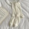 Women cute ruffle trim mid-tube socks breathable mesh hollow heart cream white knit socks - 35-39 / Cream White