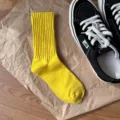 Solid yellow mid-calf casual socks, Japanese retro style breathable cotton socks for daily wear. - One Size / Yellow