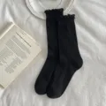 Black ruffled ribbed mid-calf socks thin breathable spring summer daily cute socks. - 35-39 / Black