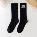 Black distressed ribbed mid-calf socks for women, vintage punk style cotton slouch socks. - 36-40 / Black
