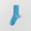 Blue ribbed mid-tube cotton socks for women featuring cute white bow embroidery spring summer - One Size / Double-Needle Bow Embroidery Light Blue