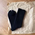 Black ribbed cotton long socks for daily wear, Japanese style thick warm mid-calf casual hosiery. - One Size / Coarse Knit Brushed - Black