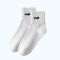 White short socks with stylish black embroidery, comfortable cotton blend daily wear, unisex casual socks. - 37-43 / White