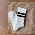 Thickened white cotton athletic socks with black stripes, casual retro mid-tube crew socks. - One Size / Coarse Knit Brushed - White with Black Stripes