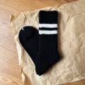 Black cotton tube socks with white stripes, Japanese style workwear thick brushed casual fashion socks. - One Size / Coarse Knit Brushed - Black with White Stripes