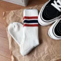Japanese vintage striped crew socks, thick brushed comfortable cotton socks for daily wear. - One Size / Coarse Knit Brushed - White with Orange and Blue Stripes