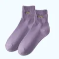 Lila gerippte Kurzsocken mit niedlichem bestickten Hundemotiv für den Alltag 1Paar - 37-43 / Lila