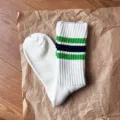 Japanese style casual comfortable striped mid-calf cotton socks thick fleece winter warm - One Size / Coarse Knit Brushed - White with Green and Blue Stripes