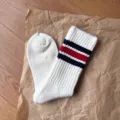 Retro striped white cotton crew socks with red and navy cuffs, comfortable casual daily wear. - One Size / Coarse Knit Brushed - White with Blue and Red Stripes