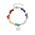 Handmade 7 chakra natural crushed stone yoga bracelet with stainless steel lotus flower charm - 7 Chakras Raw Stone Style (A)