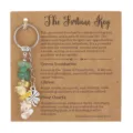 Detail of 'The Fortune Key' gemstone keychain featuring natural tumbled stones on display card - Clover Pendant (3976) / Green Aventurine Citrine Clear Quartz Mix